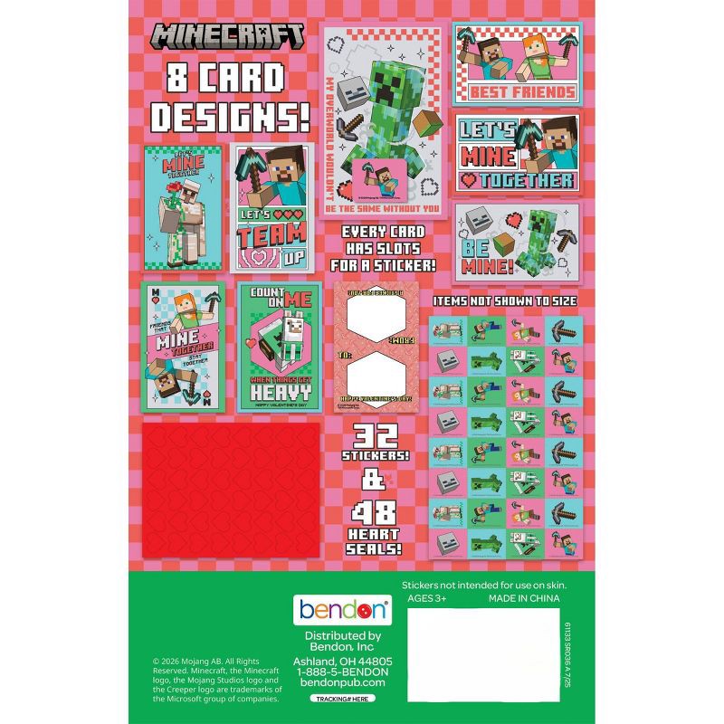 slide 2 of 5, Bendon 32ct Minecraft Deluxe Stickers and Valentine's Day Cards with 48ct Heart Seals, 32 ct, 48 ct
