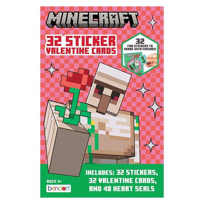 slide 1 of 5, Bendon 32ct Minecraft Deluxe Stickers and Valentine's Day Cards with 48ct Heart Seals, 32 ct, 48 ct