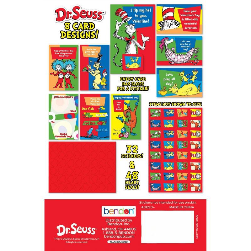 slide 2 of 5, Bendon 32ct Dr. Seuss Deluxe Stickers and Valentine's Day Cards with 48ct Heart Seals, 32 ct, 48 ct