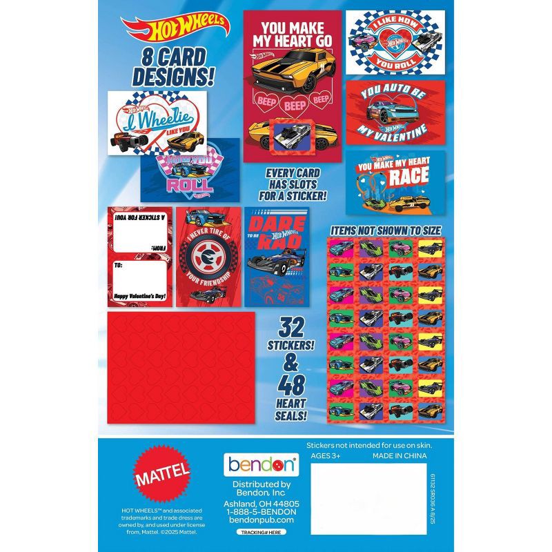 slide 2 of 5, Bendon 32ct Mattel Hot Wheels Deluxe Stickers and Valentine's Day Cards with 48ct Heart Seals, 32 ct, 48 ct