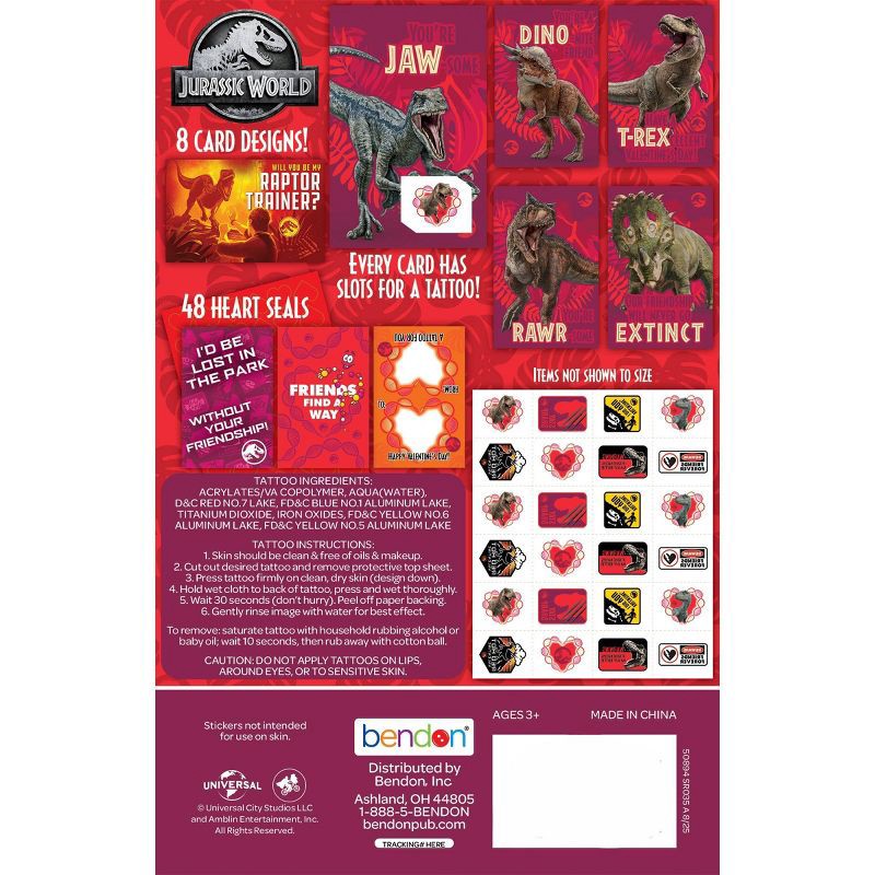 slide 2 of 5, Bendon 24ct Universal Jurassic World Tattoos and Valentine's Day Cards with 48ct Heart Seals, 24 ct; 48 ct