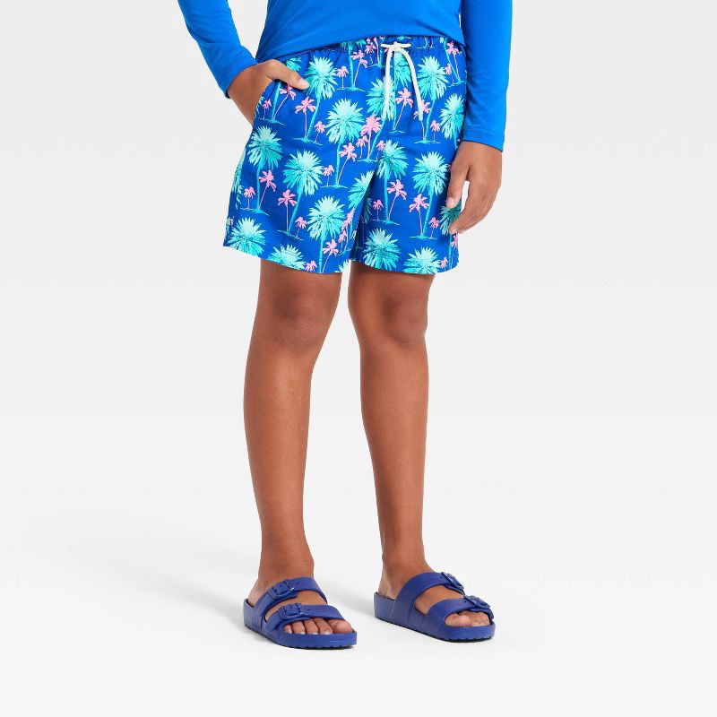 slide 1 of 3, Boys' Palm Tree Printed Swim Trunk - Cat & Jack™ Blue/Pink S, 1 ct