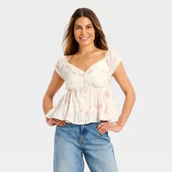 Women's Puff Short Sleeve Pintuck V-Neck Blouse - Universal Thread™ Cream Floral XS