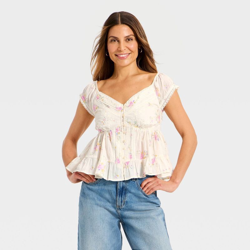 slide 1 of 3, Women's Puff Short Sleeve Pintuck V-Neck Blouse - Universal Thread™ Cream Floral M, 1 ct