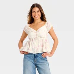 Women's Puff Short Sleeve Pintuck V-Neck Blouse - Universal Thread™ Cream Floral M
