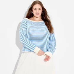 Women's Off the Shoulder Sweater - Wild Fable™ Blue Striped XXL