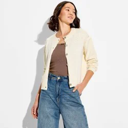 Women's Crewneck Cable Trim Cardigan - Wild Fable™ Off-White XXS