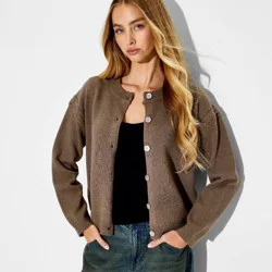 Women's Crewneck Cable Trim Cardigan - Wild Fable™ Brown XXS