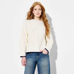 Women's Crewneck Cable Pullover Sweater - Wild Fable™ Off-White S