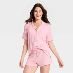 Women's Cloud Knit Short Sleeve Notch Collar Shirt and Shorts Pajama Set - Auden™ Light Pink XXL