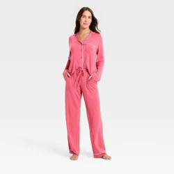 Women's Cloud Knit Long Sleeve Notch Collar Top and Pants Pajama Set - Auden™ Pink XXL