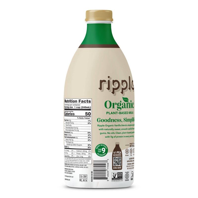 slide 2 of 3, Ripple Organic Dairy-Free Vanilla Milk - 48oz, 48 oz