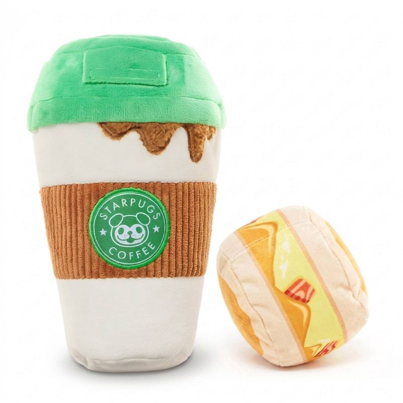 slide 1 of 8, BARK Latte Dog Toy - Puppin' Hot Latte: Holds Treats, Squeaks, Crinkles, All Breeds, All Ages, 1 ct