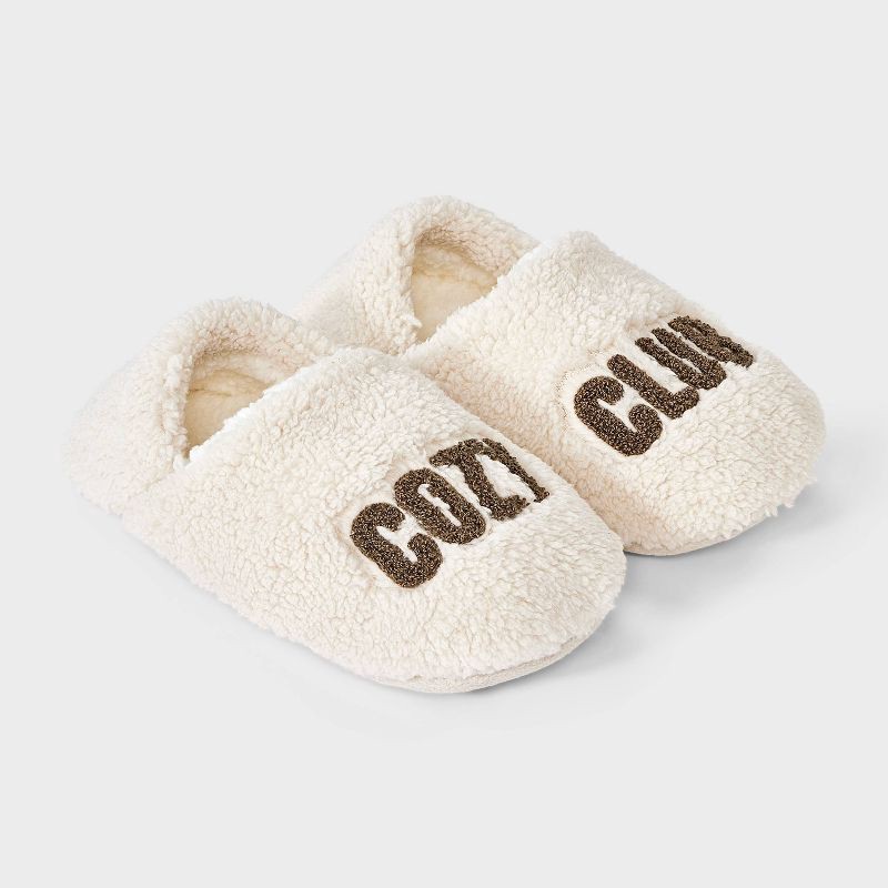 slide 1 of 4, Women's Embroidered Cozy Club Cozy Fleece Slipper Socks with Grippers - Light Brown M/L, 1 ct