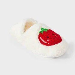 Women's Embroidered Tomato Smiley Face Cozy Fleece Slipper Socks with Grippers - Cream/Red M/L