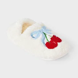 Women's Embroidered Bow Cherry Cozy Fleece Slipper Socks with Grippers - Cream S/M