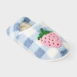 Women's Embroidered Gignham Strawberry Cozy Fleece Slipper Socks with Grippers - Blue/Cream S/M
