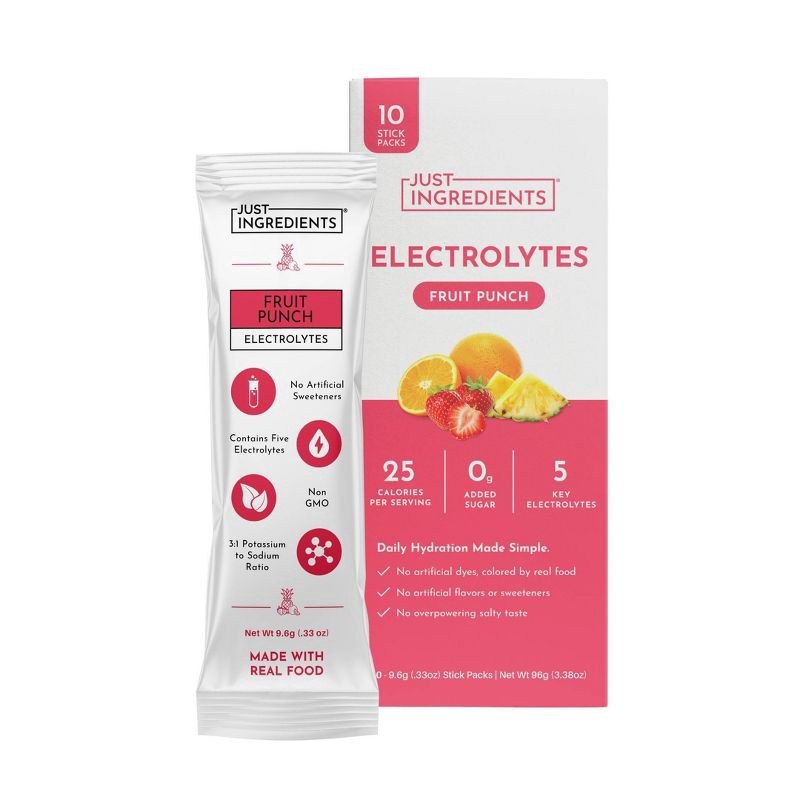 slide 1 of 10, Just Ingredients Electrolytes Drink Mix Packs - Fruit Punch - 3.38/10ct, 3.38/10 ct