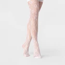 Women's Floral Net Thigh High Tights - A New Day™ White S/M