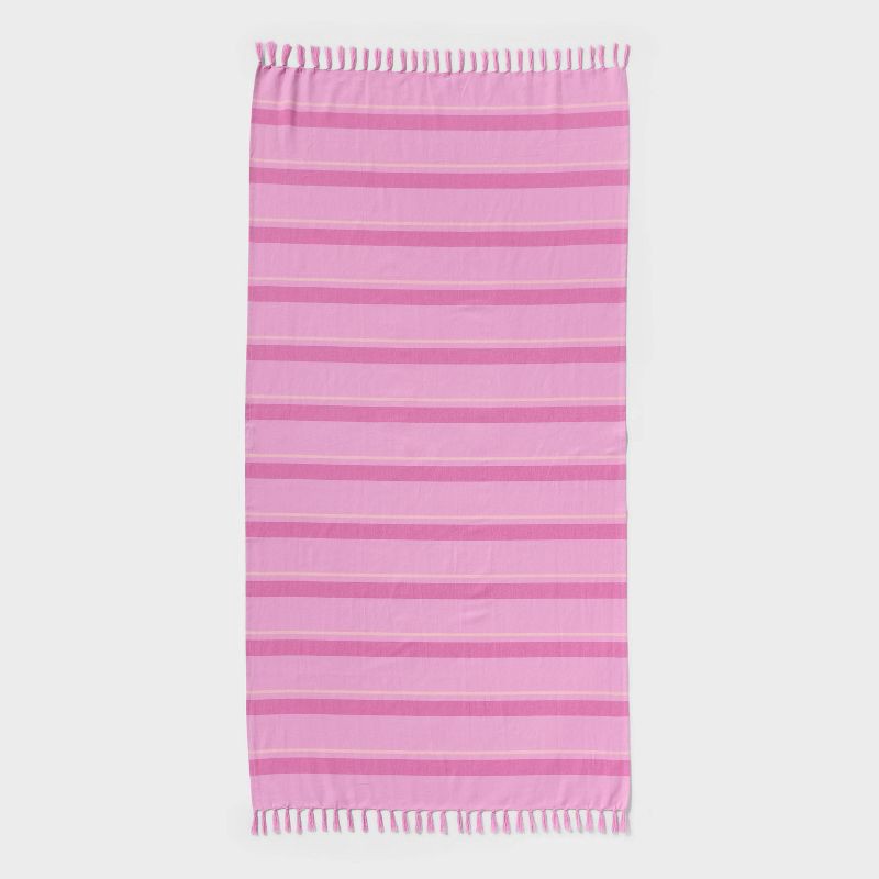 slide 1 of 5, 36"x72" Jacquard Turkish Lightweight Striped Oversized Beach Towel with Knotted Fringe Pink - Room Essentials™, 1 ct