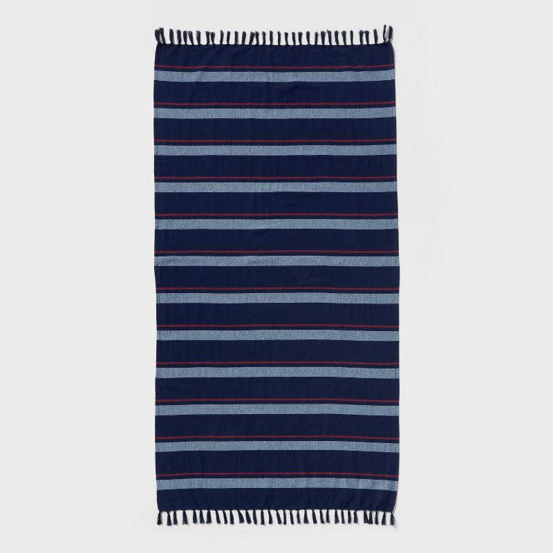 slide 1 of 5, 36"x72" Jacquard Turkish Lightweight Striped Oversized Beach Towel with Knotted Fringe Navy Blue - Room Essentials™, 1 ct