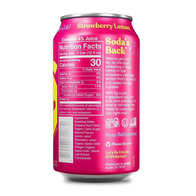 slide 2 of 5, poppi Strawberry Lemon Prebiotic Soda - 12 fl oz Cold Can, 12 fl oz