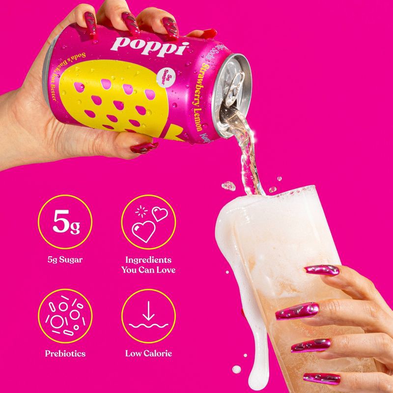 slide 4 of 5, poppi Strawberry Lemon Prebiotic Soda - 12 fl oz Cold Can, 12 fl oz