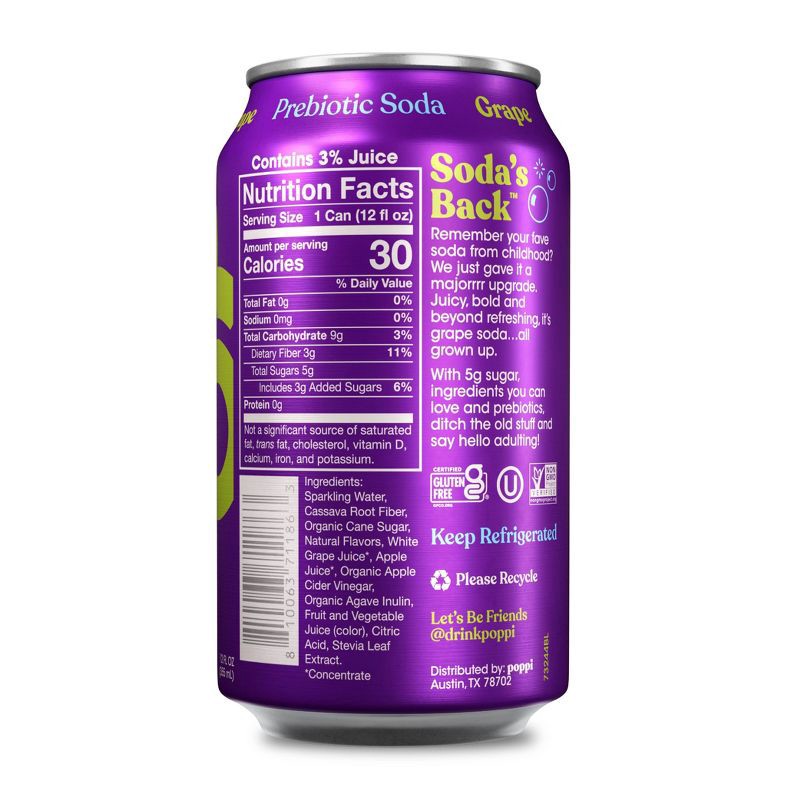 slide 2 of 5, poppi Grape Prebiotic Soda - 12 fl oz Cold Can, 12 fl oz