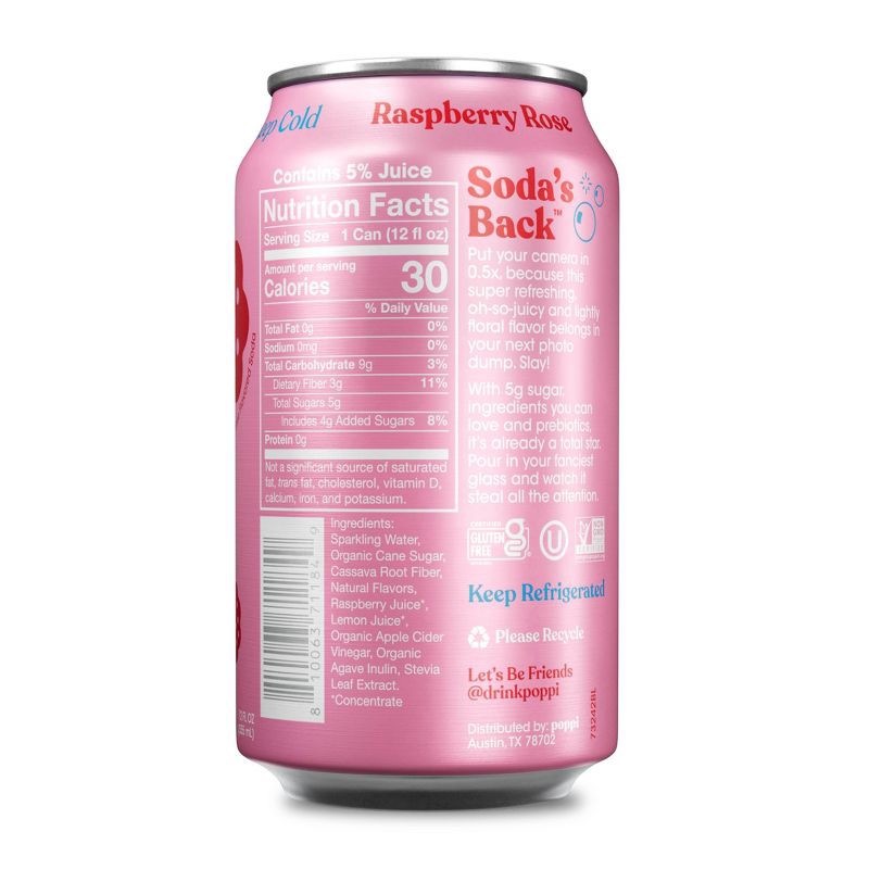 slide 2 of 5, poppi Raspberry Rose Prebiotic Soda - 12 fl oz Cold Can, 12 fl oz