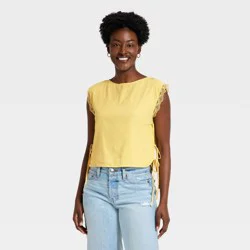 Women's Western Short Sleeve Embroidered Tie Top Blouse - Universal Thread™ Yellow S