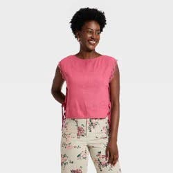 Women's Western Short Sleeve Embroidered Tie Top Blouse - Universal Thread™ Pink S