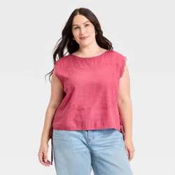 Women's Western Short Sleeve Embroidered Tie Top Blouse - Universal Thread™ Pink XXL