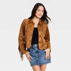 Women's Western Fringe Faux Suede Fashion Jacket - Universal Thread™ Brown M