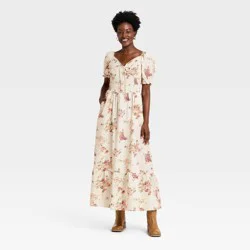 Women's Western Puff Short Sleeve Smocked Midi A-Line Dress - Universal Thread™ Cream Floral M