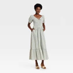 Women's Western Puff Short Sleeve Smocked Midi A-Line Dress - Universal Thread™ Green Gingham M
