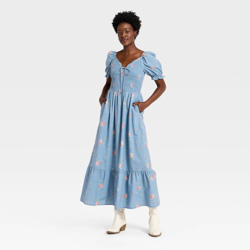 slide 1 of 3, Women's Western Puff Short Sleeve Smocked Midi A-Line Dress - Universal Thread™ Blue Floral M, 1 ct