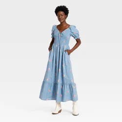 Women's Western Puff Short Sleeve Smocked Midi A-Line Dress - Universal Thread™ Blue Floral M