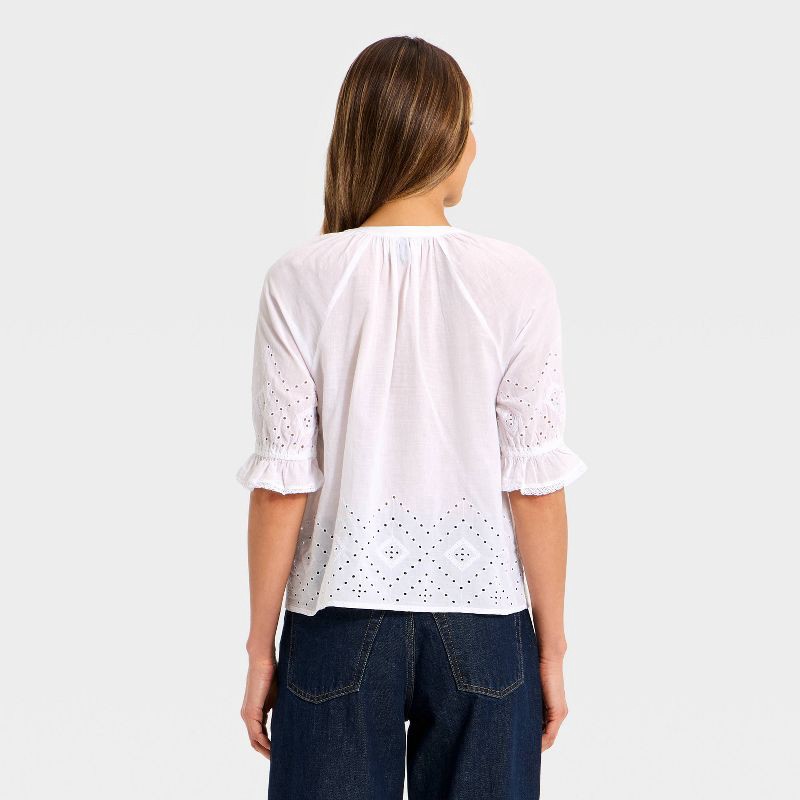 slide 2 of 3, Women's Puff Elbow Sleeve Ruffle Round Neck Blouse - Universal Thread™ White XL, 1 ct