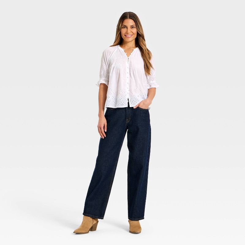 slide 3 of 3, Women's Puff Elbow Sleeve Ruffle Round Neck Blouse - Universal Thread™ White XL, 1 ct