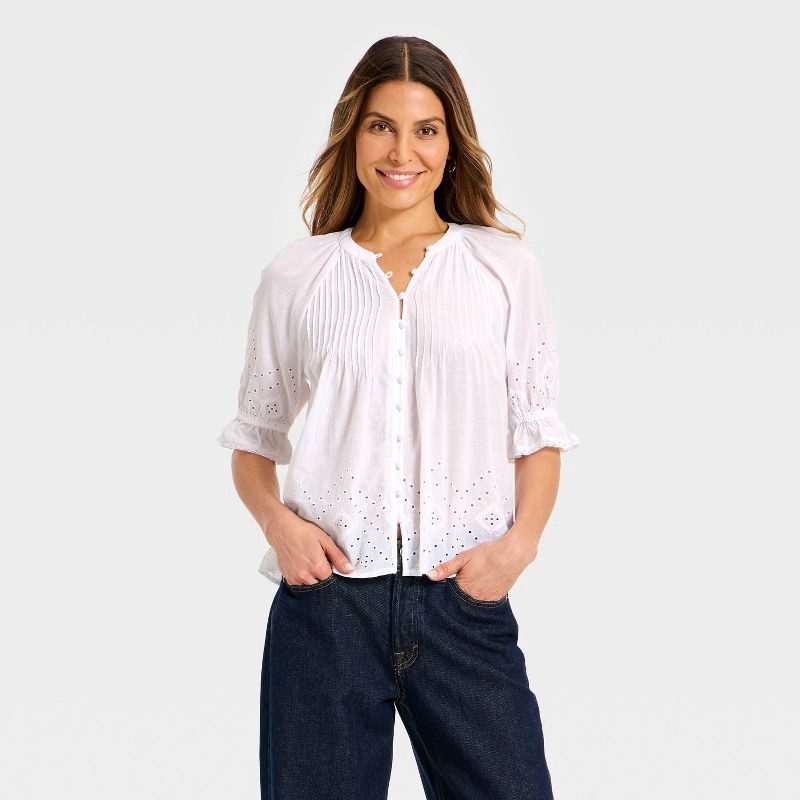 slide 1 of 3, Women's Puff Elbow Sleeve Ruffle Round Neck Blouse - Universal Thread™ White XL, 1 ct
