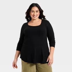 Women's Long Sleeve Knit Scoop Neck Tunic Top - Ava & Viv™ Black 3X