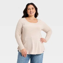 Women's Long Sleeve Knit Scoop Neck Tunic Top - Ava & Viv™ Tan Striped 1X