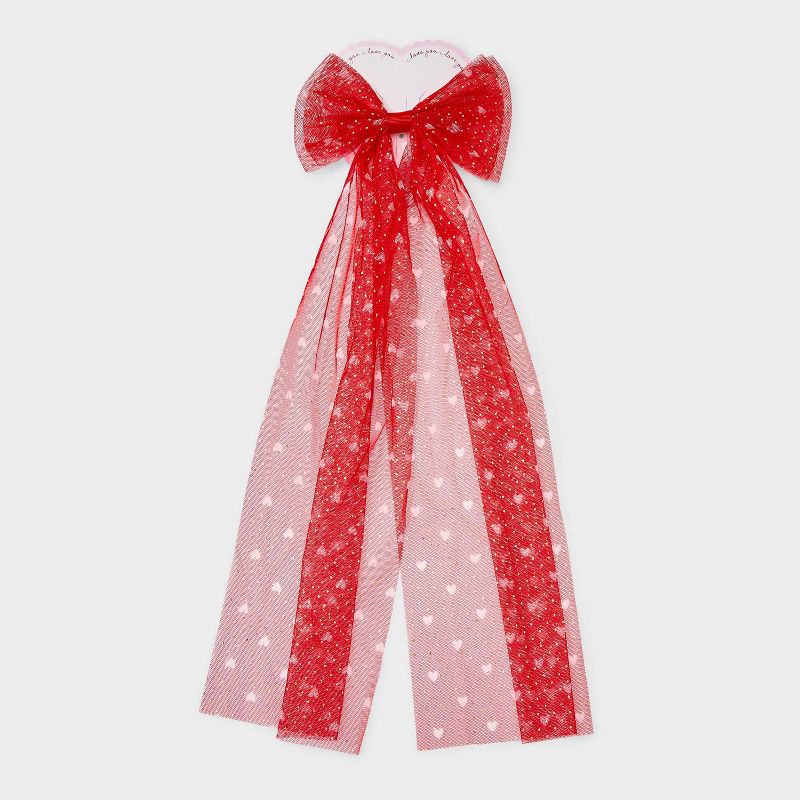 slide 2 of 3, Valentines Heart Printed Tulle Bow - Red, 1 ct