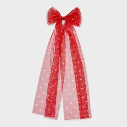 Valentines Heart Printed Tulle Bow - Red
