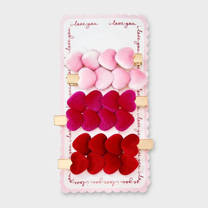 slide 2 of 3, Valentines Velvet Plush Heart Clip 6pc Set - Pink/Red, 6 ct