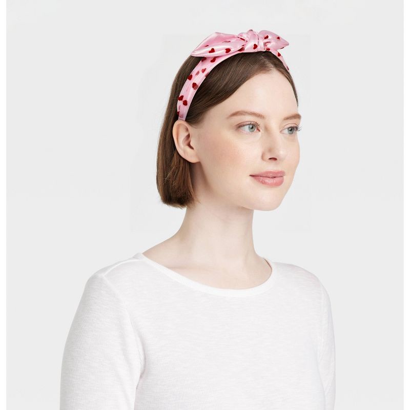 slide 2 of 3, Valentines Heart Printed Tule Knot and Bow Headband - Pink/Red, 1 ct