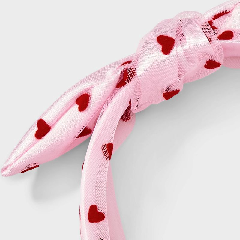 slide 3 of 3, Valentines Heart Printed Tule Knot and Bow Headband - Pink/Red, 1 ct