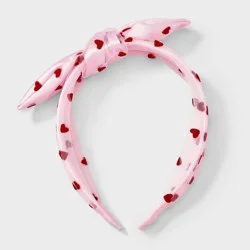 Valentines Heart Printed Tule Knot and Bow Headband - Pink/Red