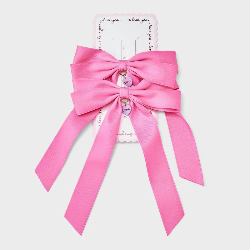 slide 2 of 3, Valentines Satin Bows with Heart Charms 2pc Set - Pink, 2 ct