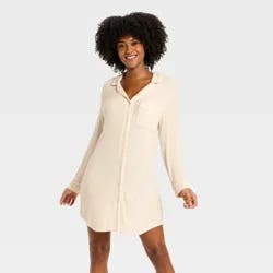 Women's Cozy Ribbed Notch Collar Pajama Gown - Auden™ Oat XXL
